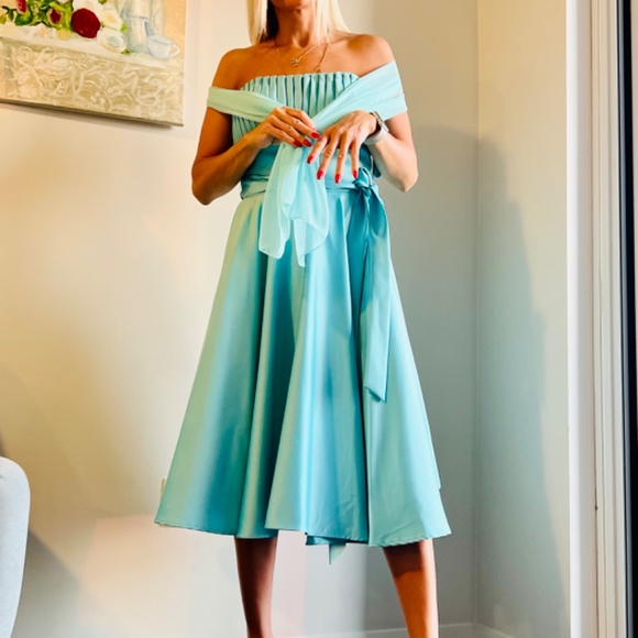 New adorable silk summer party dress Mori Lee turquoise color - Picture 5 of 8